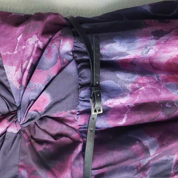 Neiman Marcus Lela Rose High Low Purple Flower Watercolor Dress Leather Belt - Picture 3 of 7